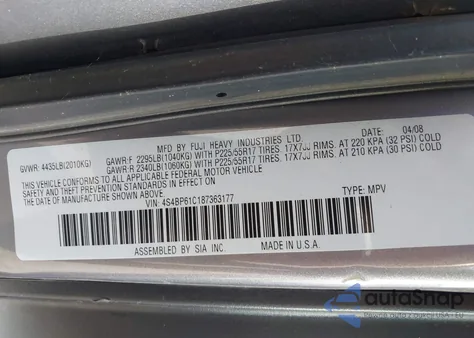 2008 Subaru Outback 2.5I/2.5I L.l. Bean Edition z USA, uszkodzony, nr VIN 4S4BP61C187363177